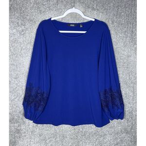 DENNIS By Dennis Basso Caviar Crepe Tunic Top Lace Detail Womens Size Large Blue